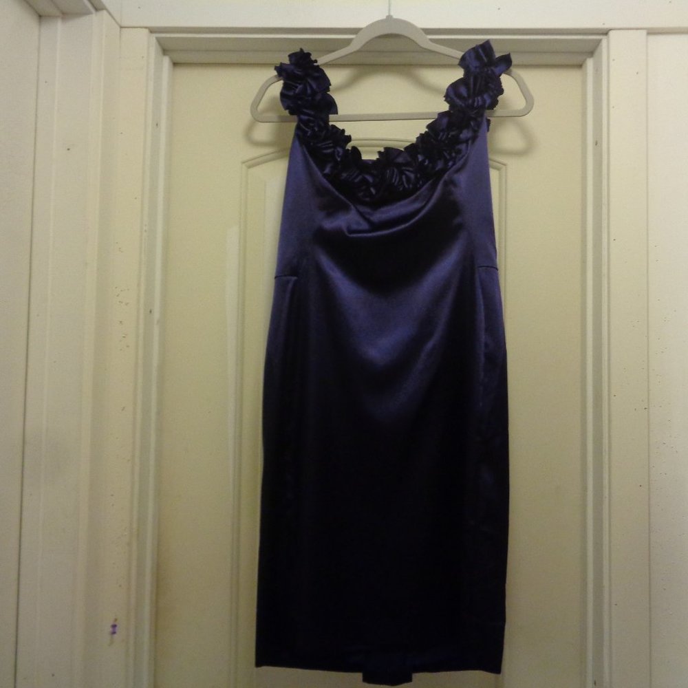 MIDNITE BLUE SATIN RUFFLES COCKTAIL DRESS 10 AS-IS
